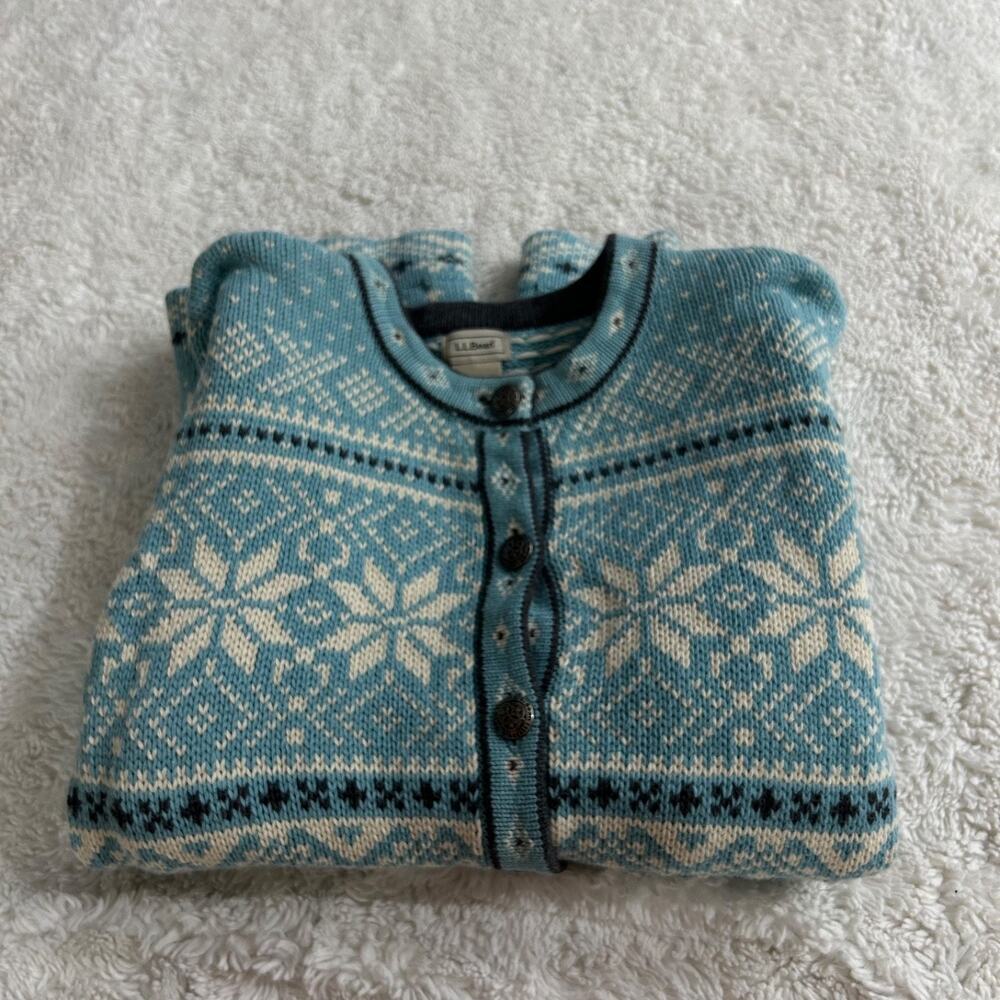 LL Bean Fair Isle Cardigan L Blue Ivory Snowflake Cotton Nordic Scandi Gorpcore